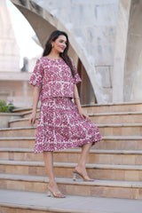 Women's Mauve & Beige Jaipuri Floral Top & Skirt Set