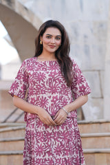 Women's Mauve & Beige Jaipuri Floral Top & Skirt Set