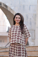 Women's Beige & Maroon Ethnic Motif Top & Skirt Set
