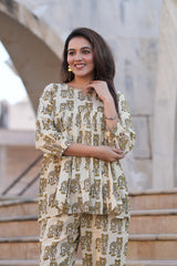 Contemporary Animal Motif Printed 2-Piece Co-ord Set | Comfort-Fit V-Neck Top & Straight Pants