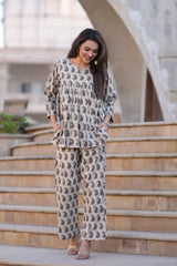 Earthy Beige Traditional Printed 2-Piece Co-ord Set | Comfort-Fit V-Neck Top & Straight Pants
