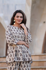 Earthy Beige Traditional Printed 2-Piece Co-ord Set | Comfort-Fit V-Neck Top & Straight Pants