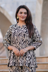 Black Traditional Jaipuri Printed 2-Piece Co-ord Set | Comfort-Fit V-Neck Top & Straight Pants