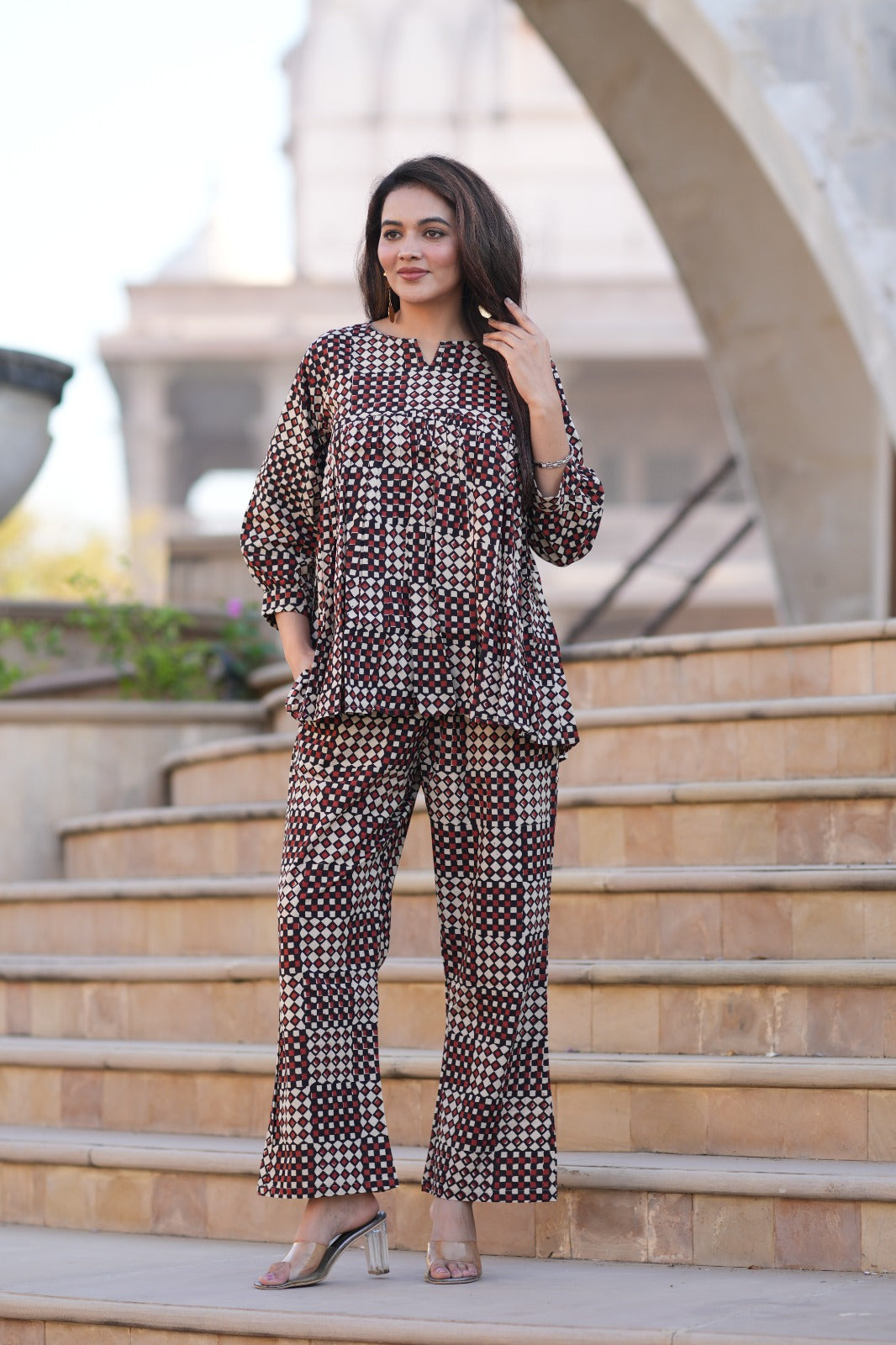 Black & Maroon Checked Geometric 2-Piece Co-ord Set | Comfort-Fit V-Neck Top & Straight Pants