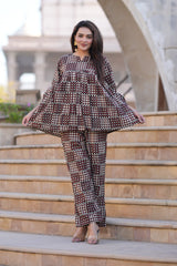 Black & Maroon Checked Geometric 2-Piece Co-ord Set | Comfort-Fit V-Neck Top & Straight Pants