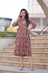Women's Rust Red Floral Printed One-Piece Dress
