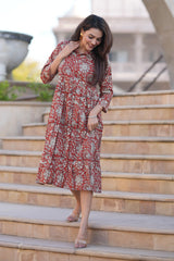 Women's Rust Red Floral Printed One-Piece Dress