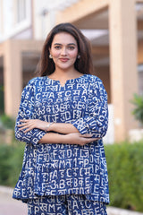 Navy Blue Printed 2-Piece Co-ord Set | Comfort-Fit V-Neck Top & Straight Pants