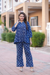 Beautiful Indigo Blue Floral Block Print Co-ord Set for Women - Tunic Top and Trouser Set