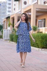 Casual Two-Piece Indigo Skirt Set with Half Sleeves Top