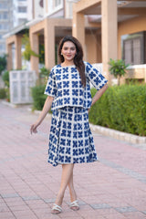 Women's White & Blue Indigo Block Print Top & Skirt Set