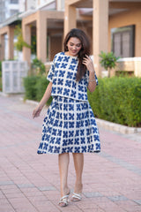 Women's White & Blue Indigo Block Print Top & Skirt Set