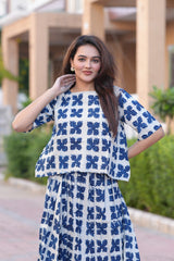 Women's White & Blue Indigo Block Print Top & Skirt Set