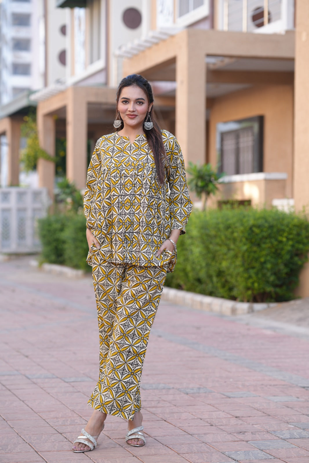 Elegant Mustard Floral Geometric Co-ord Set