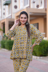 Elegant Mustard Floral Geometric Co-ord Set
