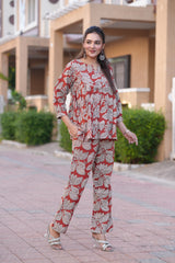 Elegant Rust & Beige Leafy Block Print Co-ord Set