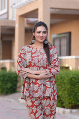 Elegant Rust & Beige Leafy Block Print Co-ord Set