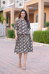 Women's Black & Beige Hand-Block Style Top & Skirt Set