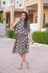 Women's Black & Beige Hand-Block Style Top & Skirt Set