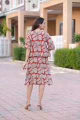 Women's Brick Red & Beige Hand-Block Style Top & Skirt Set