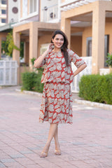 Women's Brick Red & Beige Hand-Block Style Top & Skirt Set