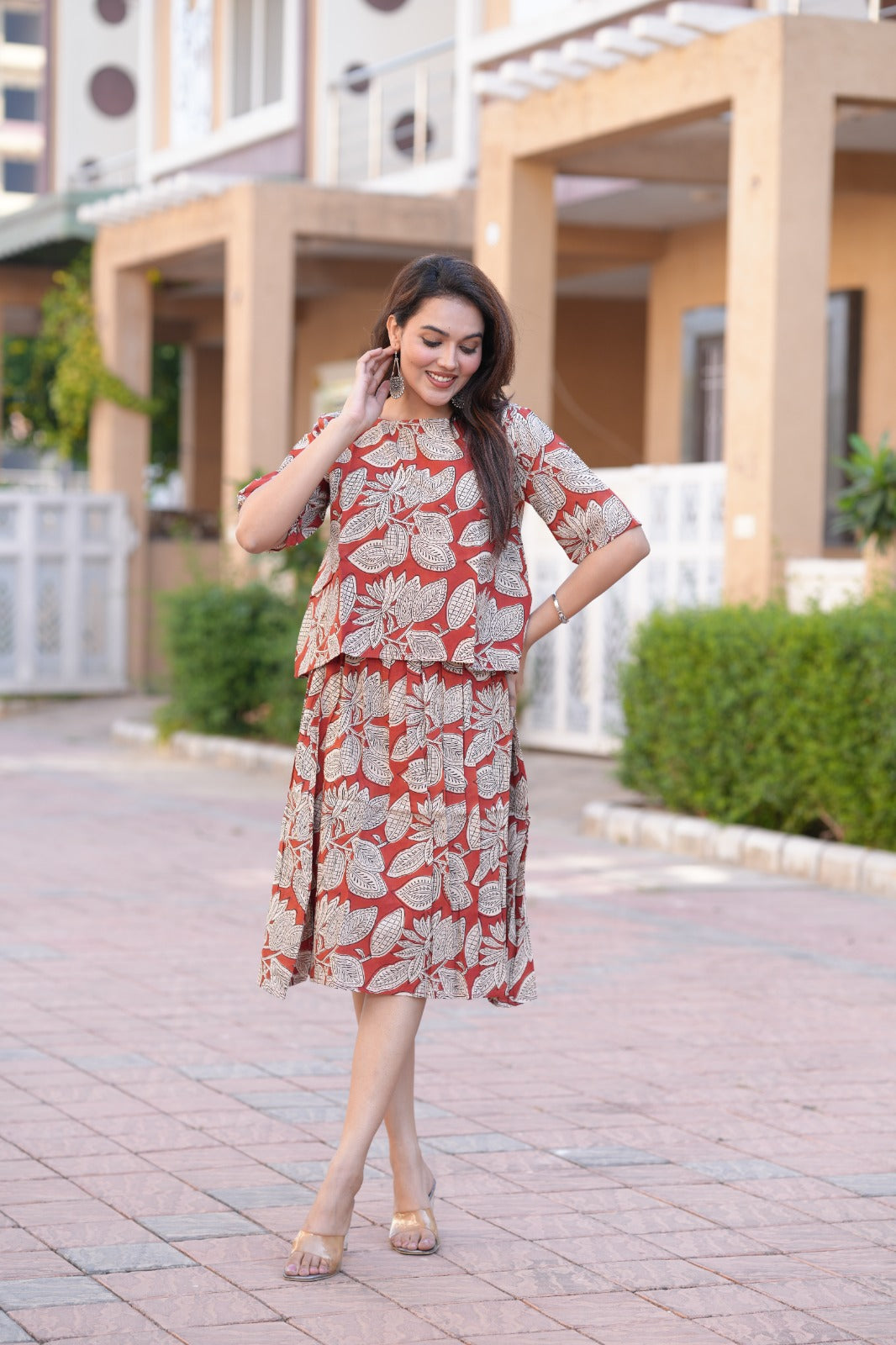 Women's Brick Red & Beige Hand-Block Style Top & Skirt Set