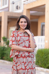 Women's Brick Red & Beige Hand-Block Style Top & Skirt Set