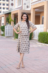 Women's Grey-Brown Keri Motif Block Print Top & Skirt Set