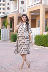 Women's Grey-Brown Keri Motif Block Print Top & Skirt Set