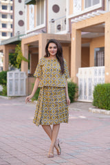 Women's Olive & Mustard Floral Grid Print Top & Skirt Set