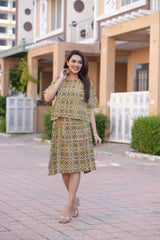 Women's Olive & Mustard Floral Grid Print Top & Skirt Set