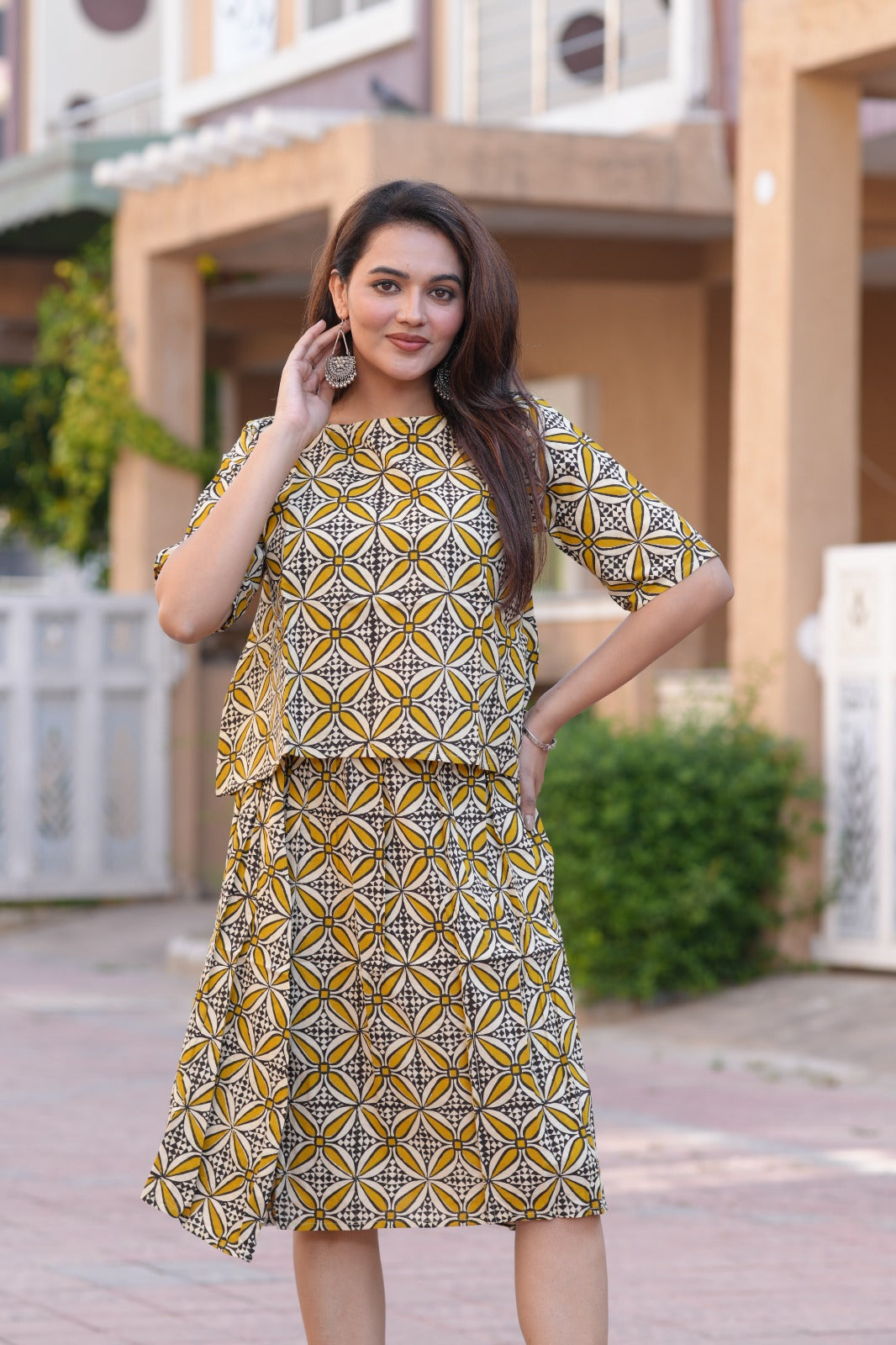 Women's Olive & Mustard Floral Grid Print Top & Skirt Set