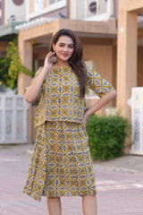 Women's Olive & Mustard Floral Grid Print Top & Skirt Set