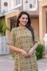 Women's Olive & Mustard Floral Grid Print Top & Skirt Set