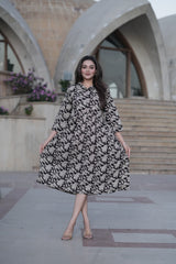 Everyday Drama: Flared Black & Beige Hand-Block Printed Dress