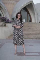 Everyday Drama: Flared Black & Beige Hand-Block Printed Dress