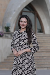 Everyday Drama: Flared Black & Beige Hand-Block Printed Dress