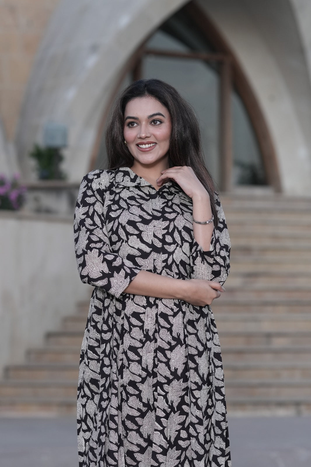 Everyday Drama: Flared Black & Beige Hand-Block Printed Dress