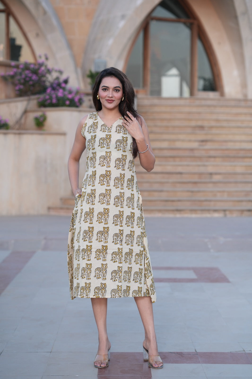 Quirky Elegance: Off-White Sleeveless Dress with Tiger Motif