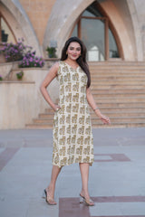 Quirky Elegance: Off-White Sleeveless Dress with Tiger Motif