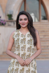 Quirky Elegance: Off-White Sleeveless Dress with Tiger Motif