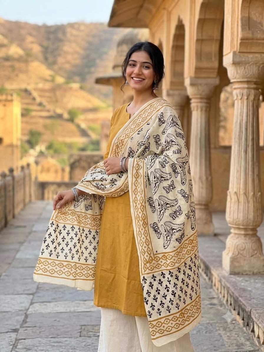 Ethnic Handprinted Cotton Scarf/Stole | Traditional Butterfly & Floral Motif Rajasthani Dupatta
