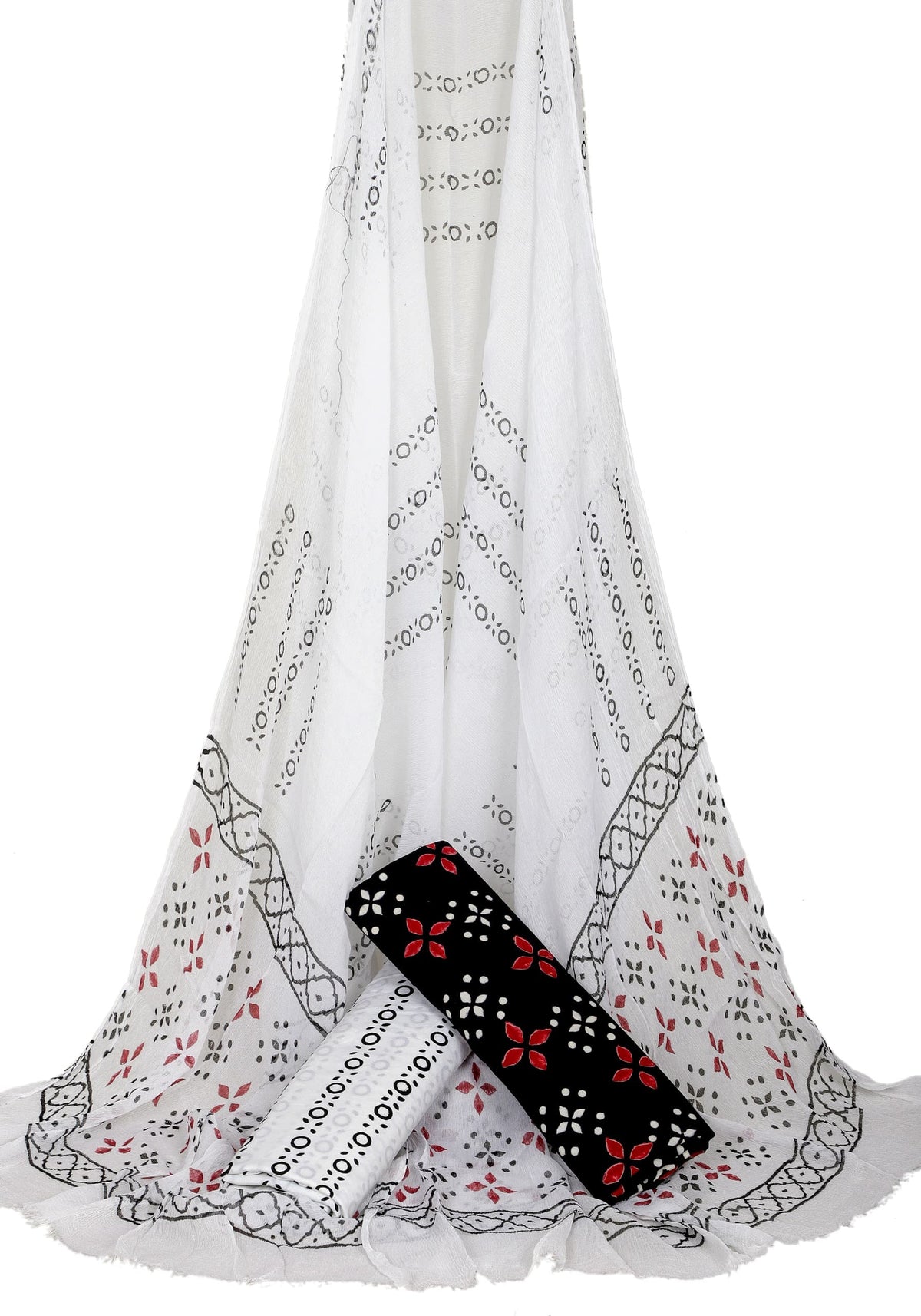 Hand Block Printed Cotton Suit Set with Chiffon Dupatta – Red & Black Floral Motif