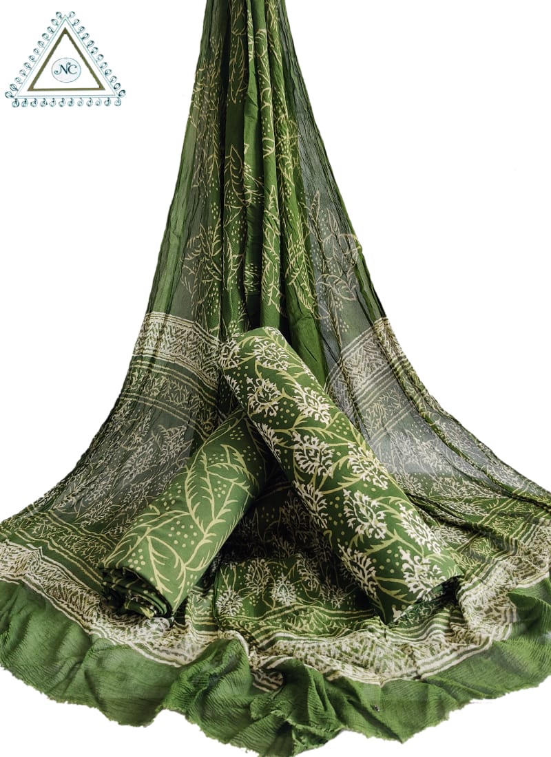 EXQUISITE GREEN CHIFFON DUPATTA SET WITH HAND BLOCK PRINTS(3-PIECE SET)