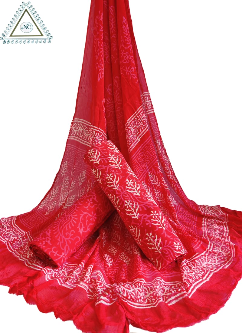 VIBRANT RED CHIFFON DUPATTA SET WITH HAND BLOCK PRINTS(3-PIECE SET)