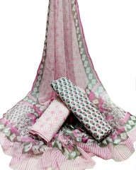 CHARMING PINK & GREY CHIFFON DUPATTA SET WITH HAND BLOCK PRINTS(3-PIECE SET)