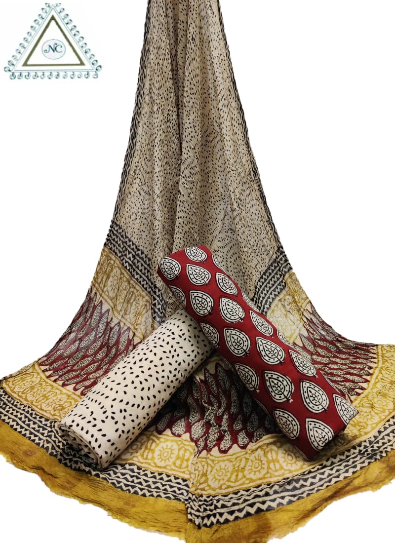 ELEGANT BEIGE & RED CHIFFON DUPATTA SET(3-PIECE SET)