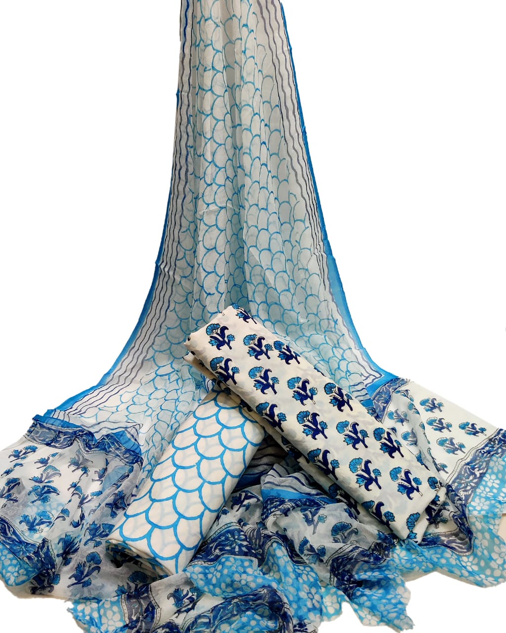 REFRESHING BLUE & WHITE CHIFFON DUPATTA SET WITH HAND BLOCK PRINTS(3-PIECE SET)