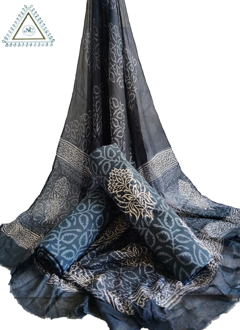 ELEGANT BLACK & GREY CHIFFON DUPATTA SET WITH HAND BLOCK PRINTS(3-PIECE SET)