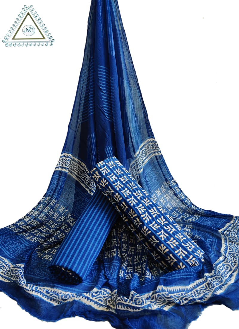 VIBRANT BLUE CHIFFON DUPATTA SET WITH HAND BLOCK PRINTS(3-PIECE SET)